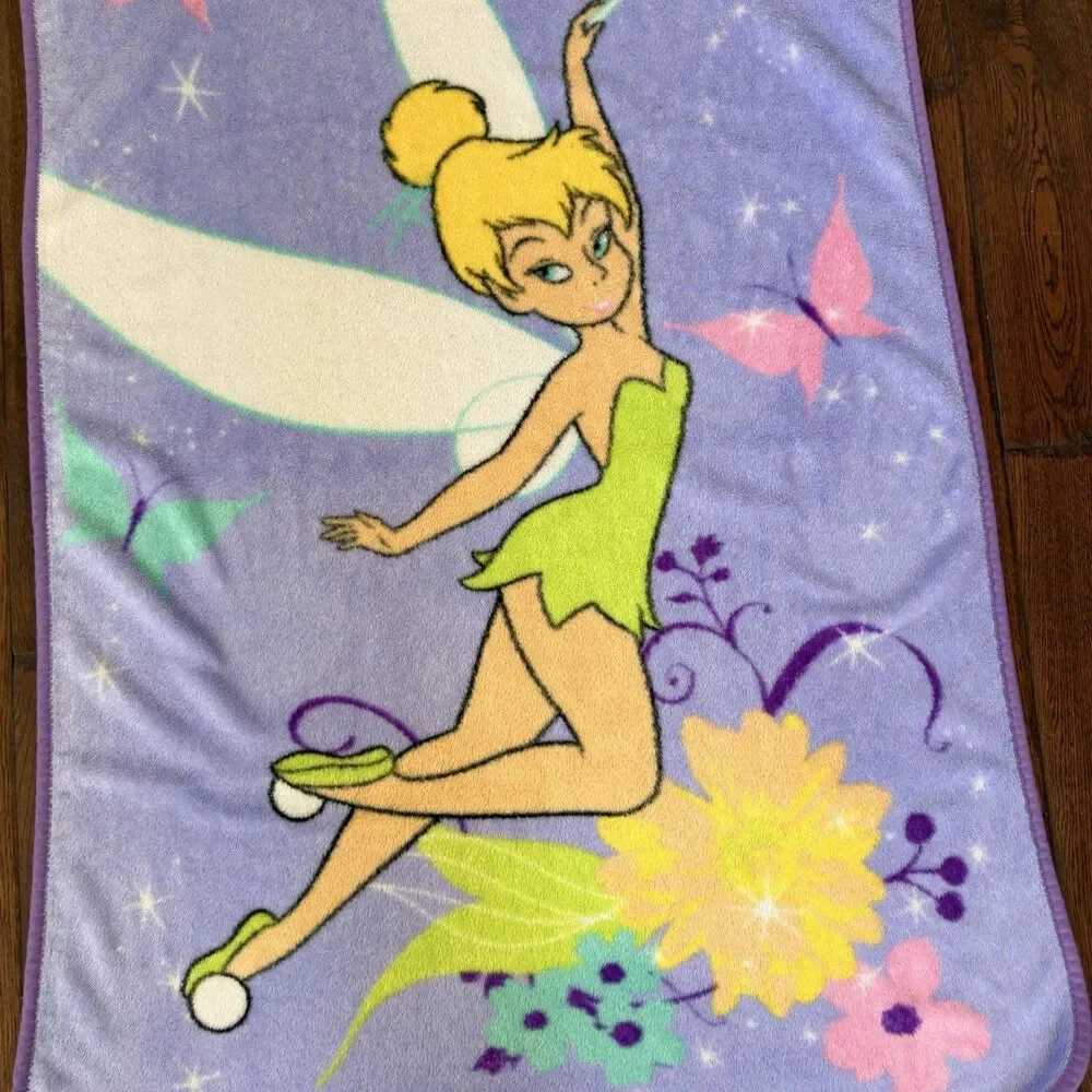 Disney Tinkerbell Fairy Purple Fleece Throw Blanket Butterfly Wand Floral Y2K